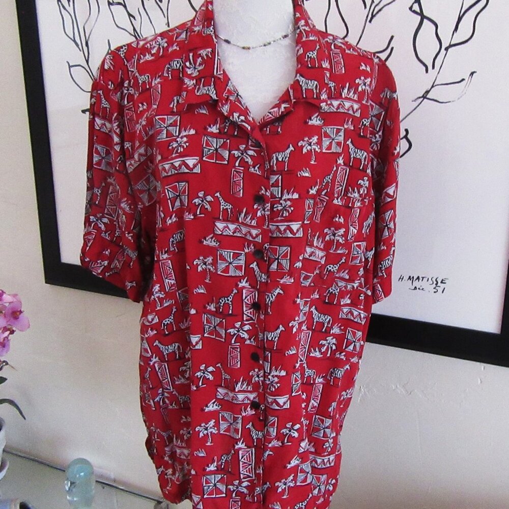 Vintage CHICO'S red silk short sleeve shirt with animal print - Chico's 3=XL